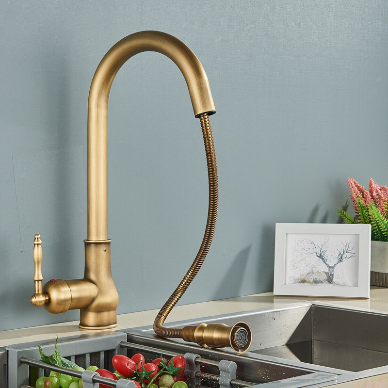 Senlesen Antique Brass Kitchen Faucet Pull Down Sprayer Single Handle ...